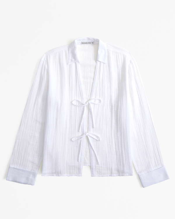 Long-Sleeve Gauzy Tie-Front Shirt, White