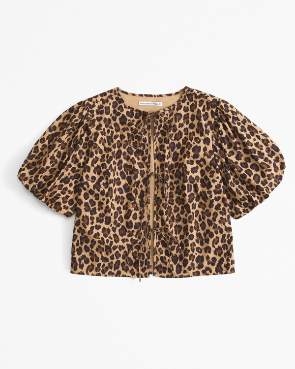 Short-Sleeve Tie-Front Top, Leopard view 1