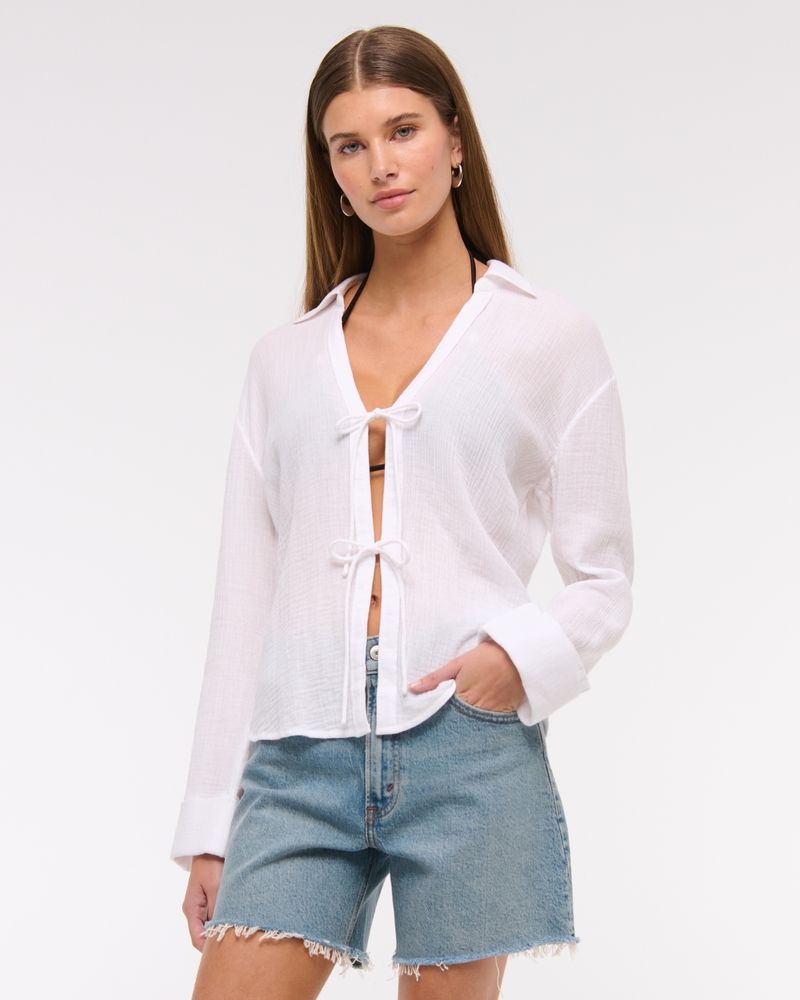 Long-Sleeve Oversized Tie-Front Gauzy Shirt