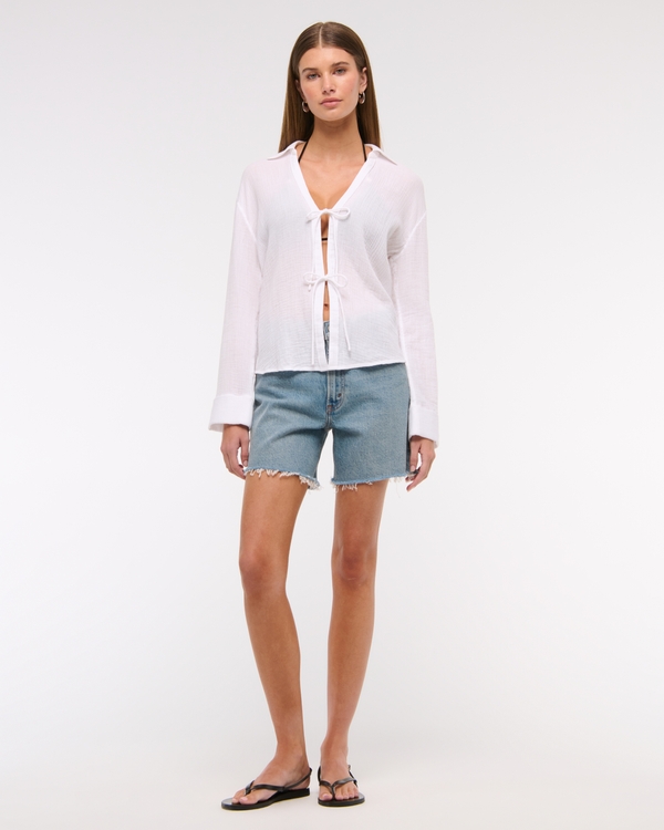 Long-Sleeve Oversized Tie-Front Gauzy Shirt