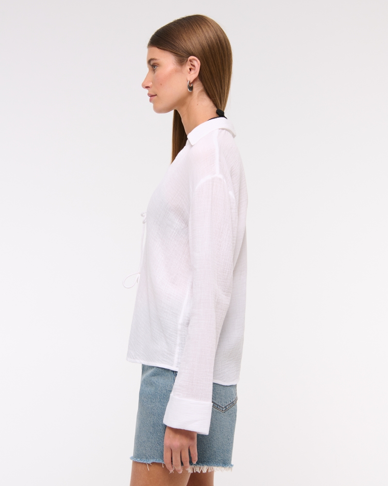 Long-Sleeve Oversized Tie-Front Gauzy Shirt