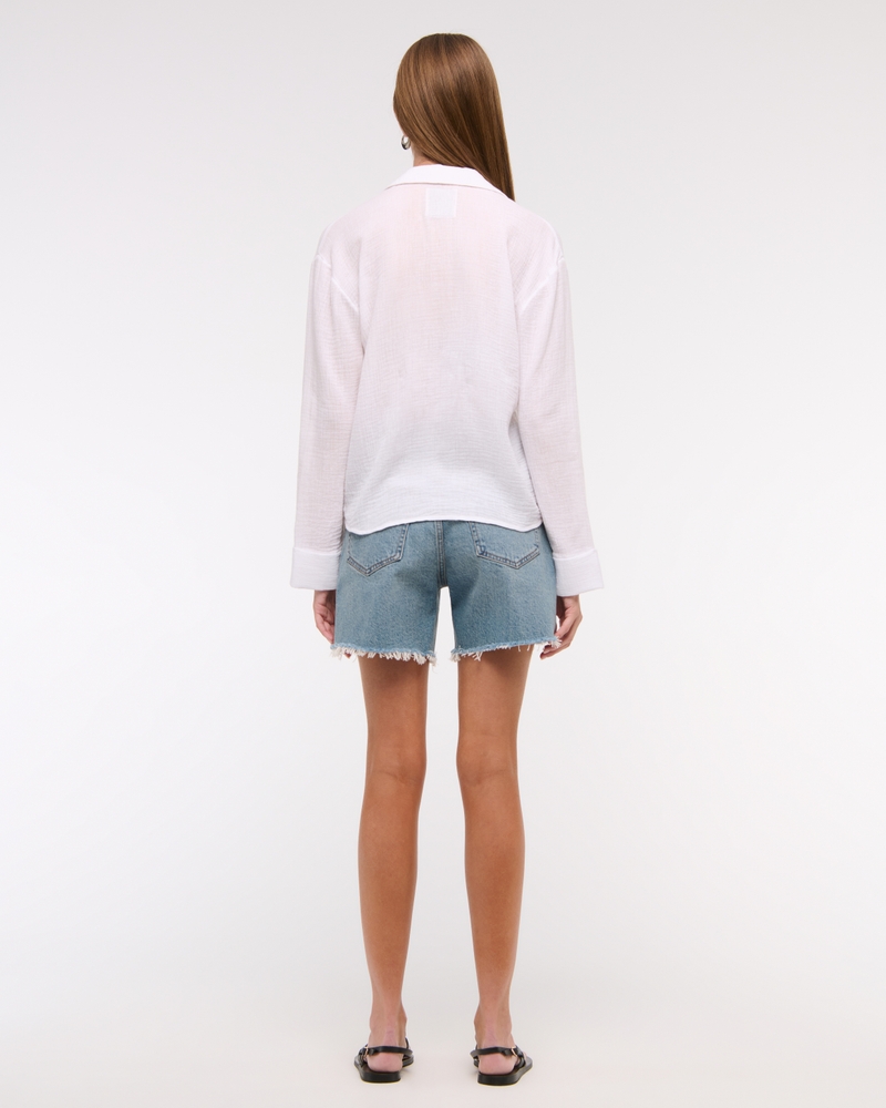 Long-Sleeve Oversized Tie-Front Gauzy Shirt