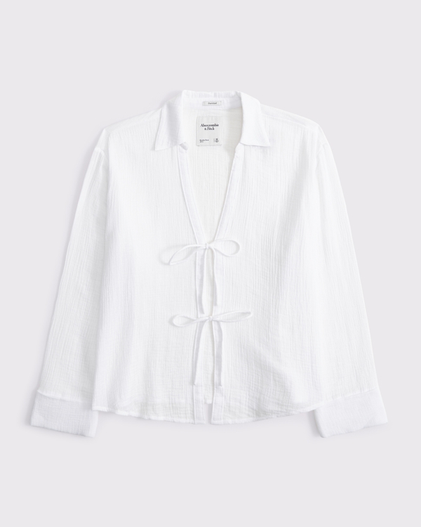 Long-Sleeve Oversized Tie-Front Gauzy Shirt, White view 1