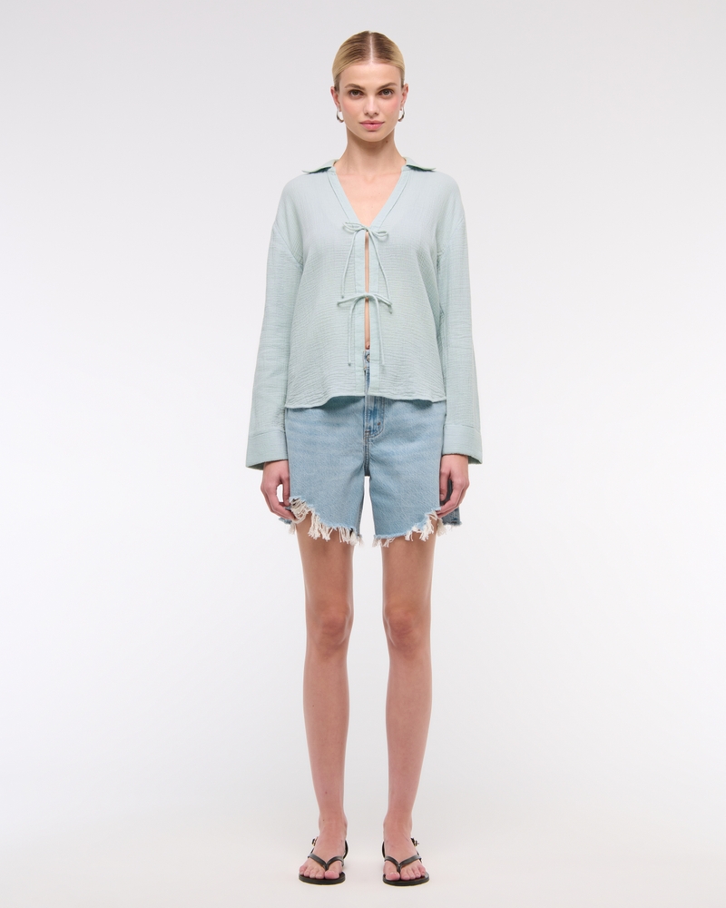 Long-Sleeve Oversized Tie-Front Gauzy Shirt