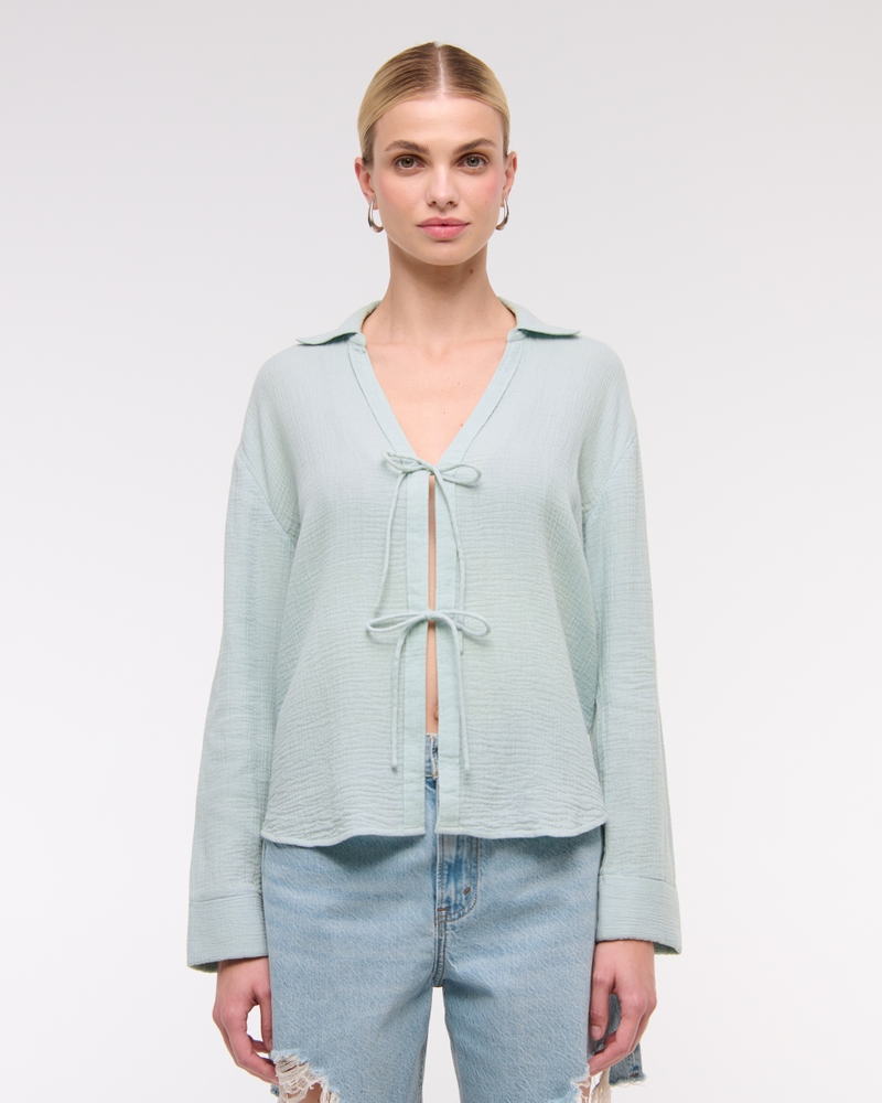 Long-Sleeve Oversized Tie-Front Gauzy Shirt