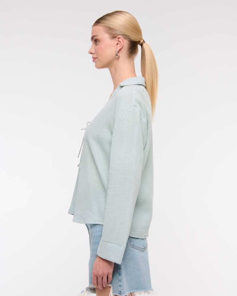 Long-Sleeve Oversized Tie-Front Gauzy Shirt