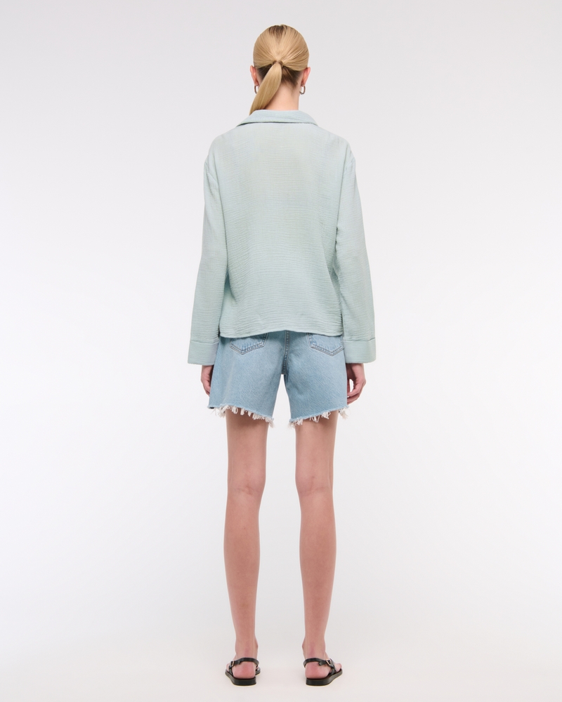 Long-Sleeve Oversized Tie-Front Gauzy Shirt
