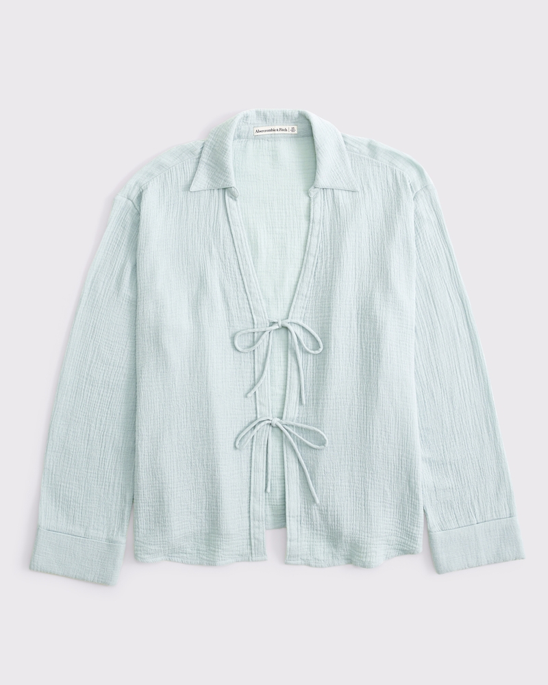 Women's Long-Sleeve Oversized Tie-Front Gauzy Shirt Women's Long-Sleeve Oversized Tie-Front Gauzy Shirt