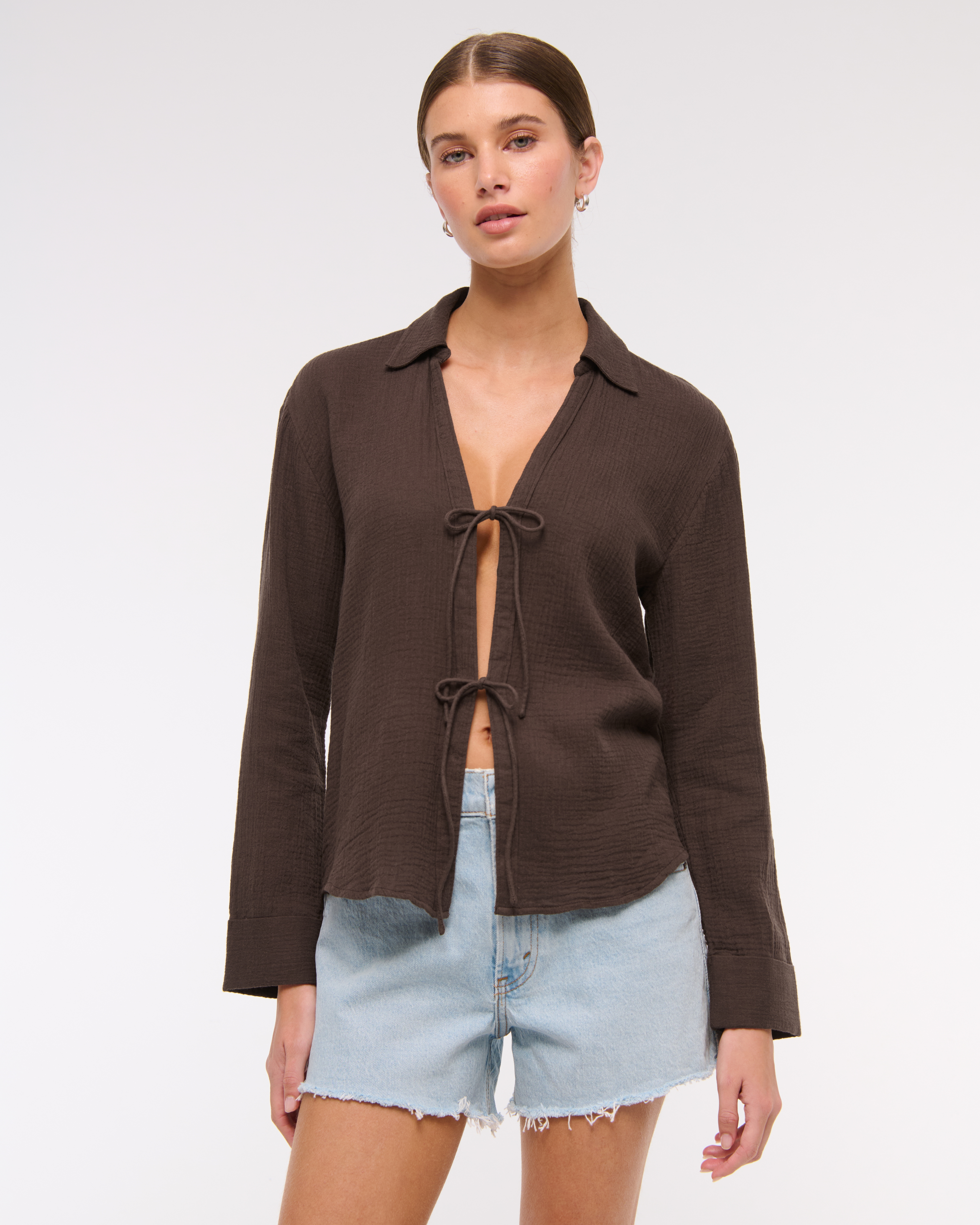 Abercrombie & Fitch Long-sleeve Oversized Tie-front Gauzy Shirt In Brown