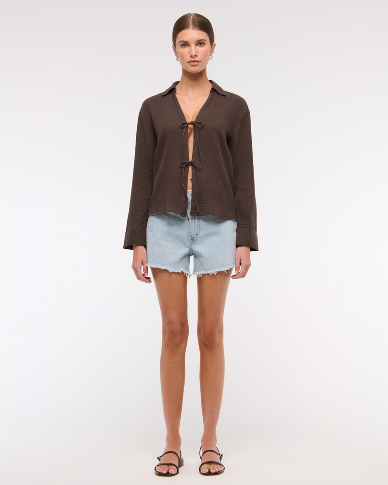 Long-Sleeve Oversized Tie-Front Gauzy Shirt