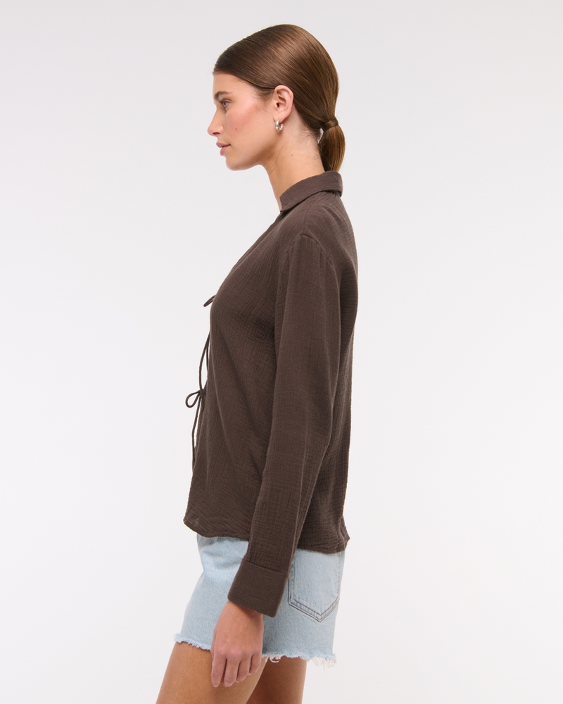 Long-Sleeve Oversized Tie-Front Gauzy Shirt