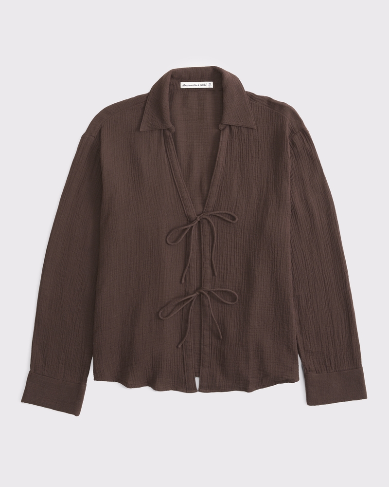トップス enfold OVER SIZE SHIRT L/GRY 38 Women's Long-Sleeve Oversized Tie-Front Gauzy Shirt | Women's Sale