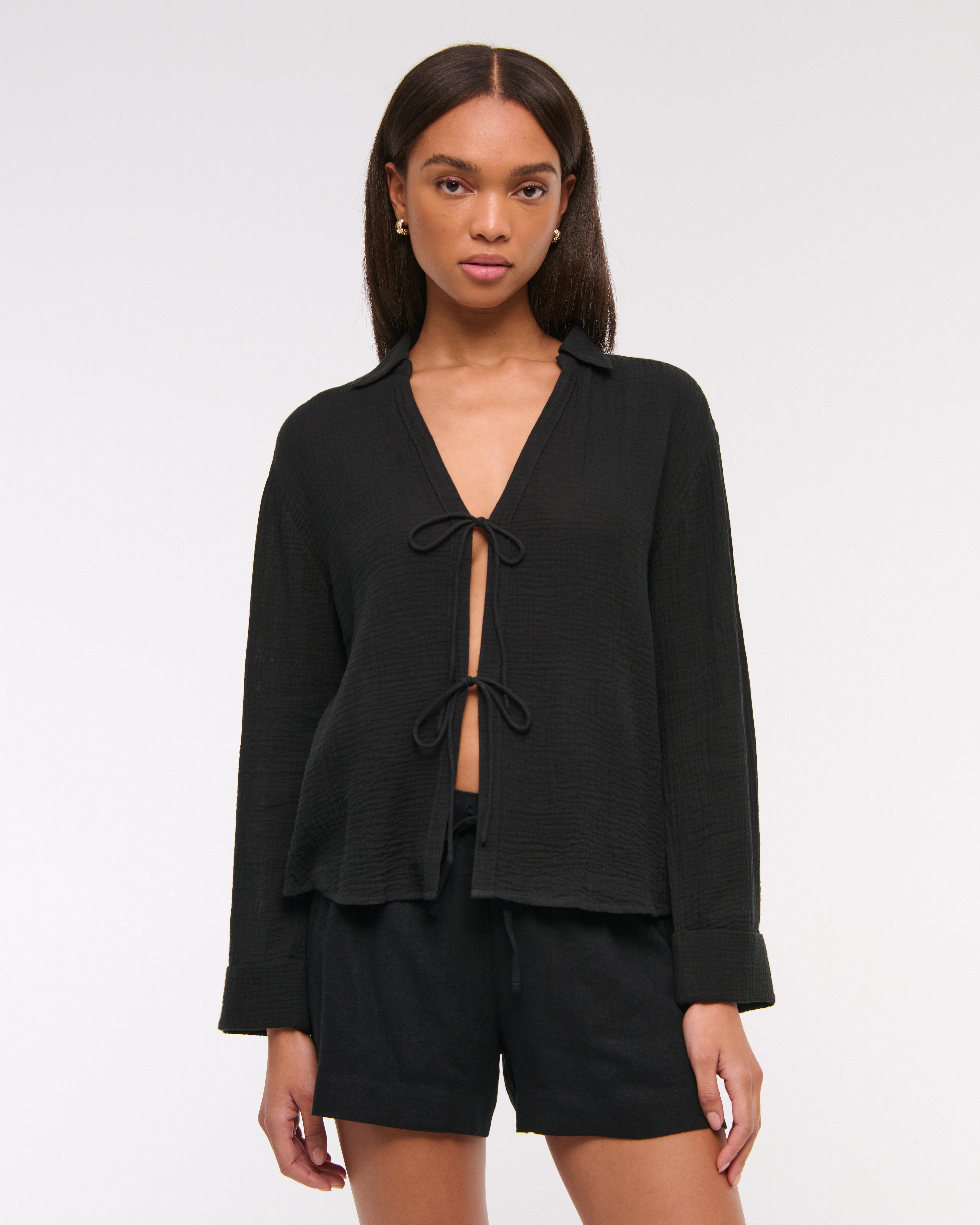 Abercrombie & Fitch Long-sleeve Oversized Tie-front Gauzy Shirt In Black