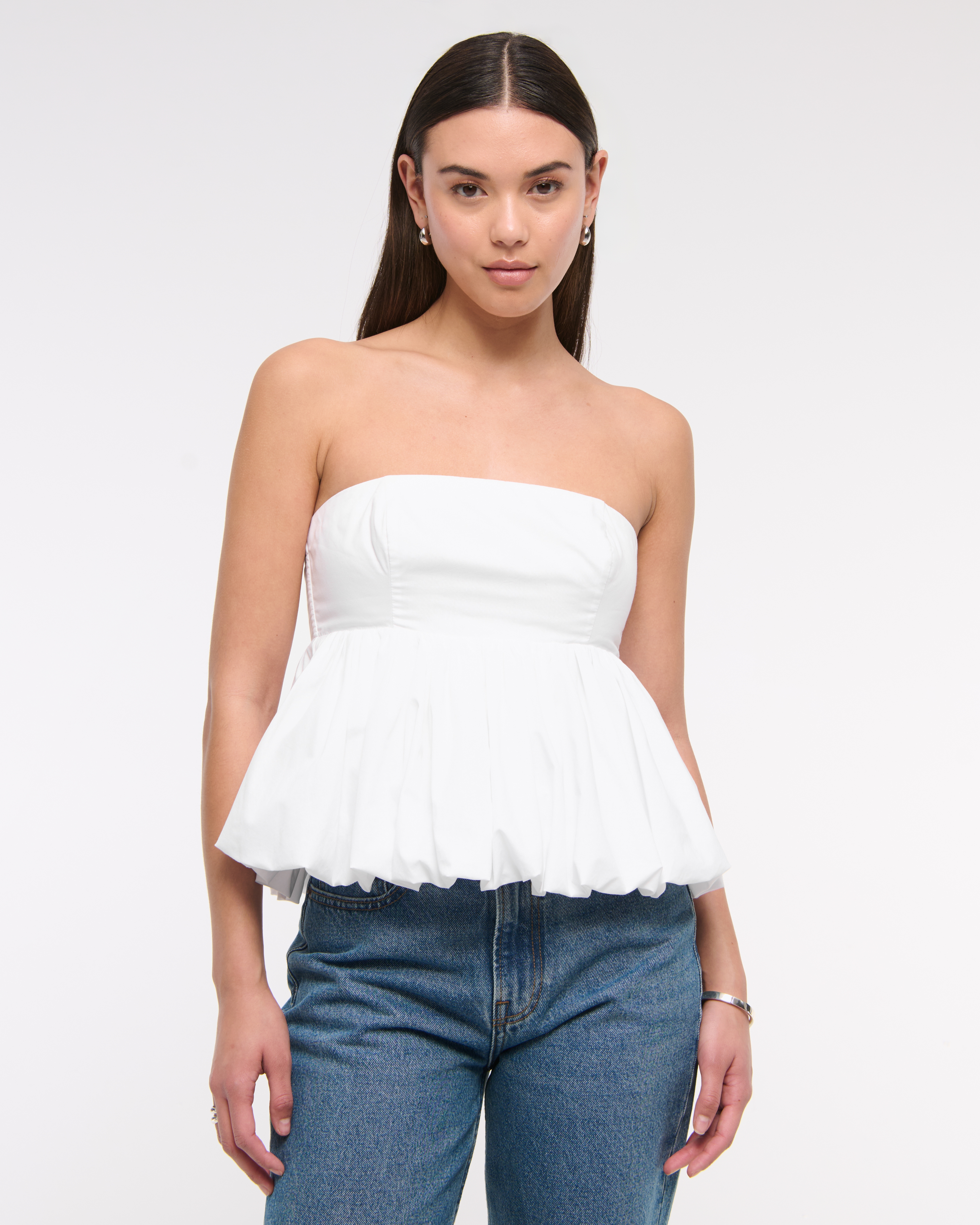 Abercrombie & Fitch Strapless Bubble Hem Top In White