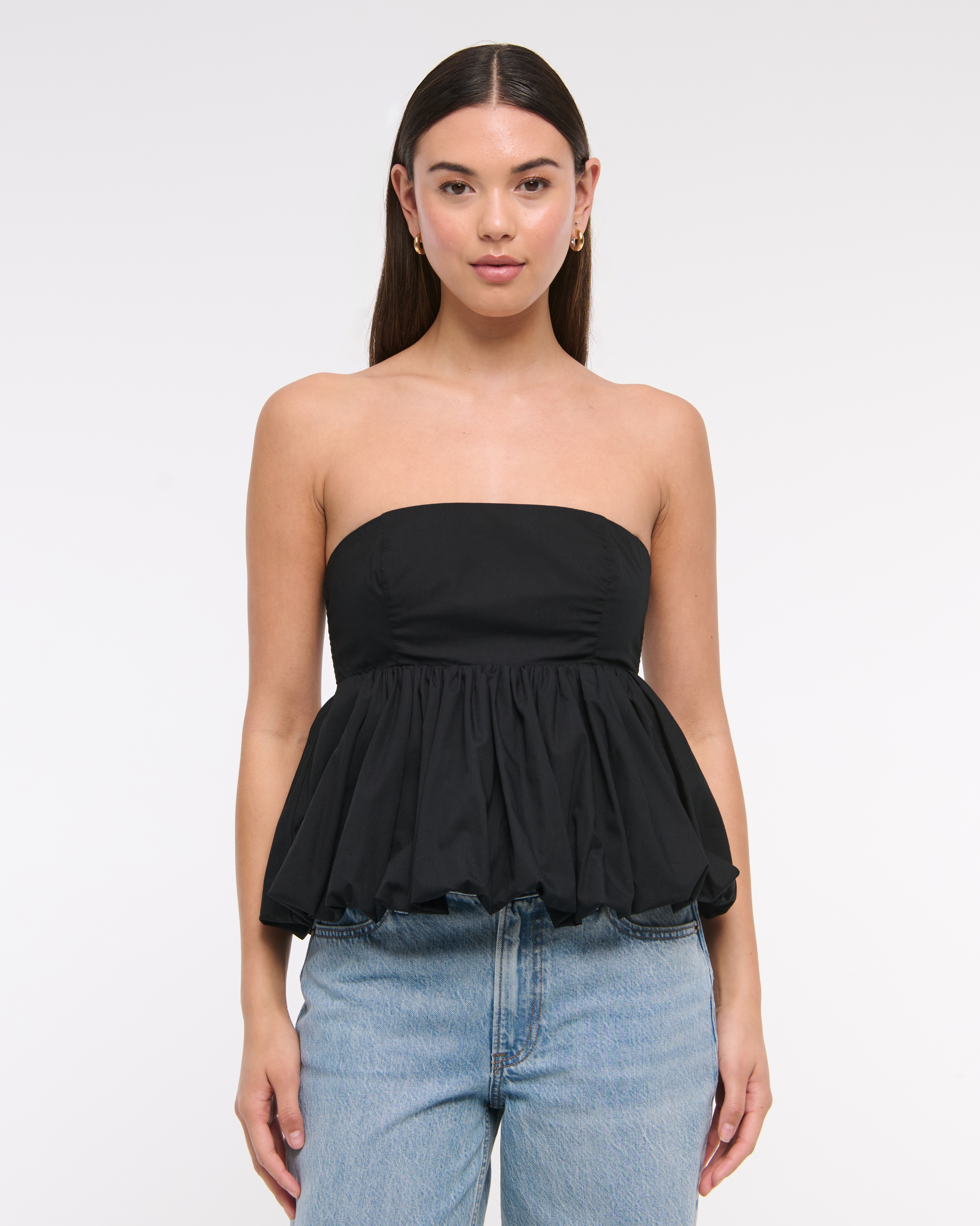 Abercrombie & Fitch Strapless Bubble Hem Top In Black