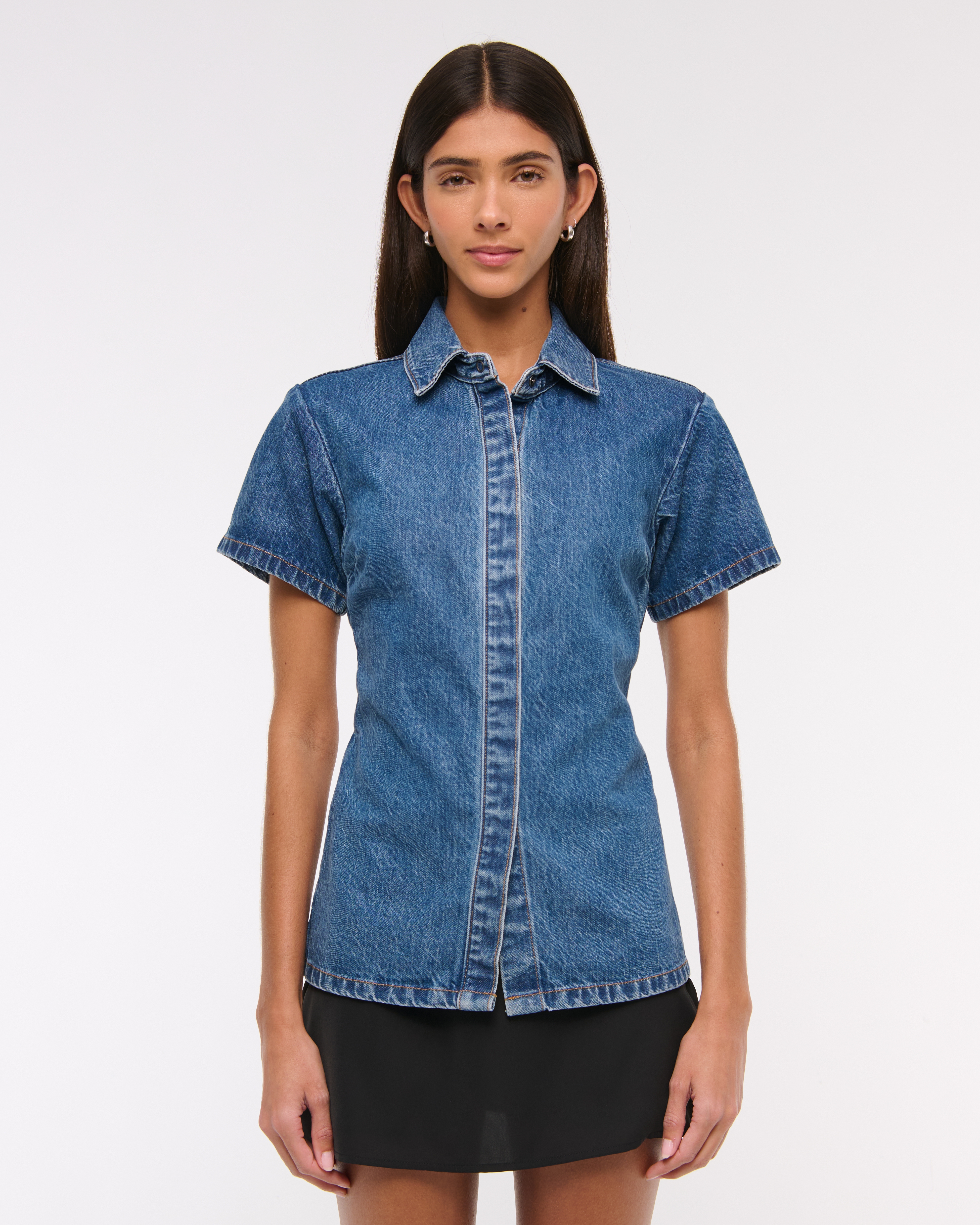 Abercrombie & Fitch Short-sleeve Denim Shirt In Blue