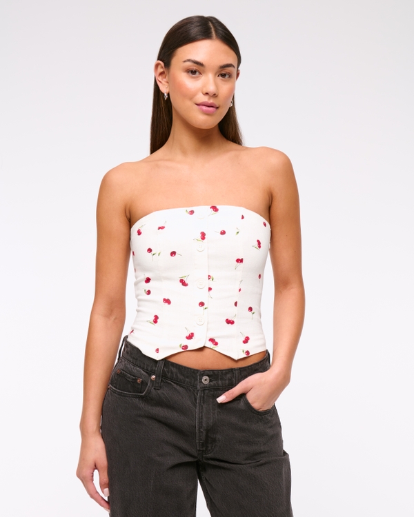 Strapless Cropped Vest Top, Cherry Print view 1