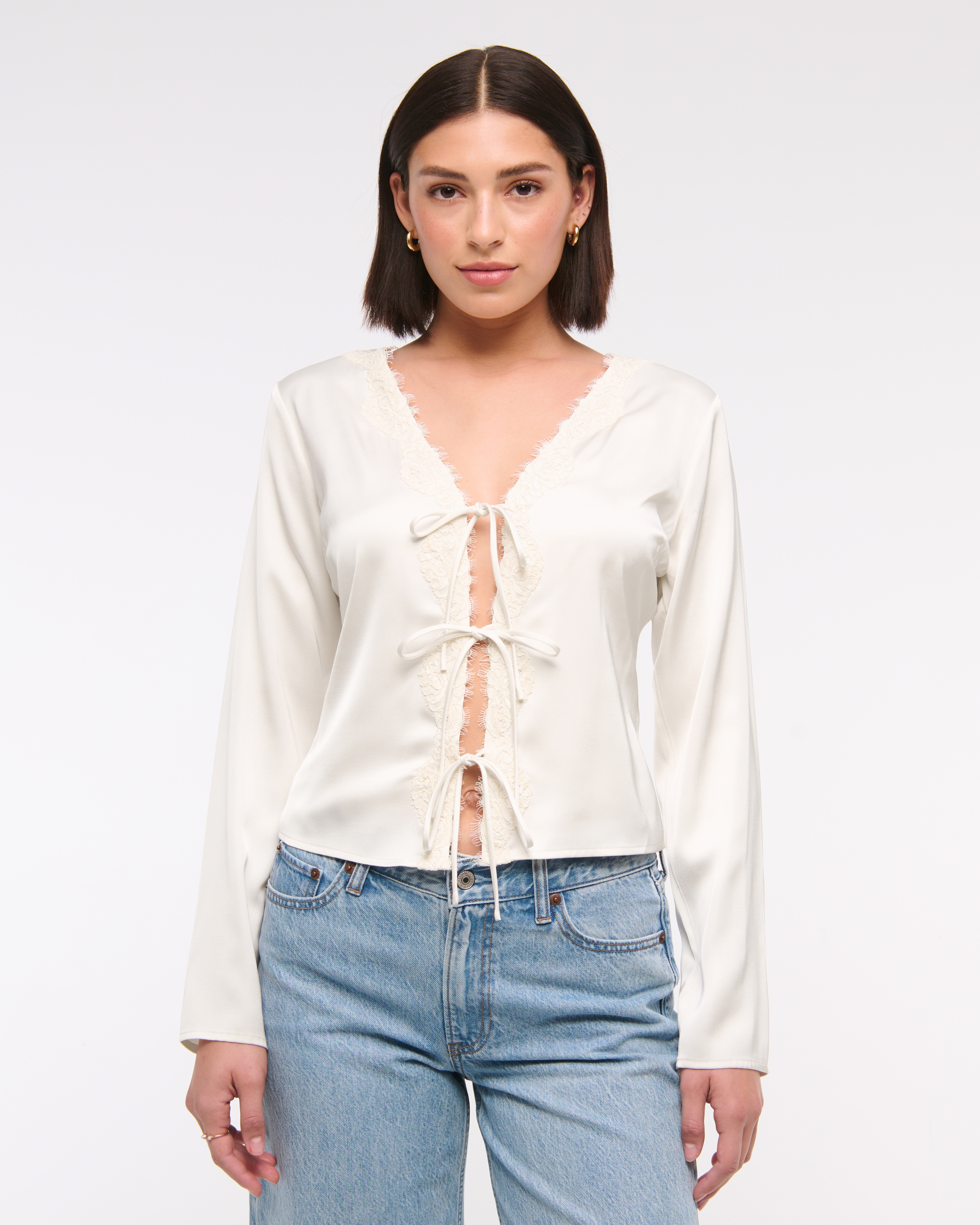 Abercrombie & Fitch Long-sleeve Lace-trim Tie-front Top In White