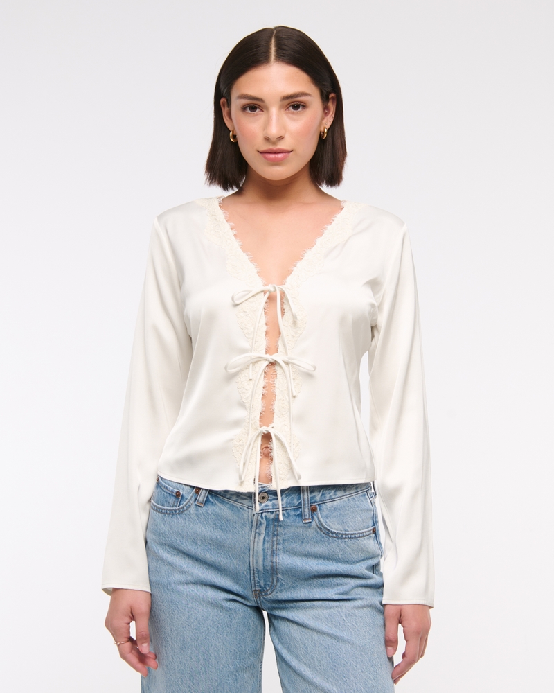 Long-Sleeve Lace-Trim Tie-Front Top