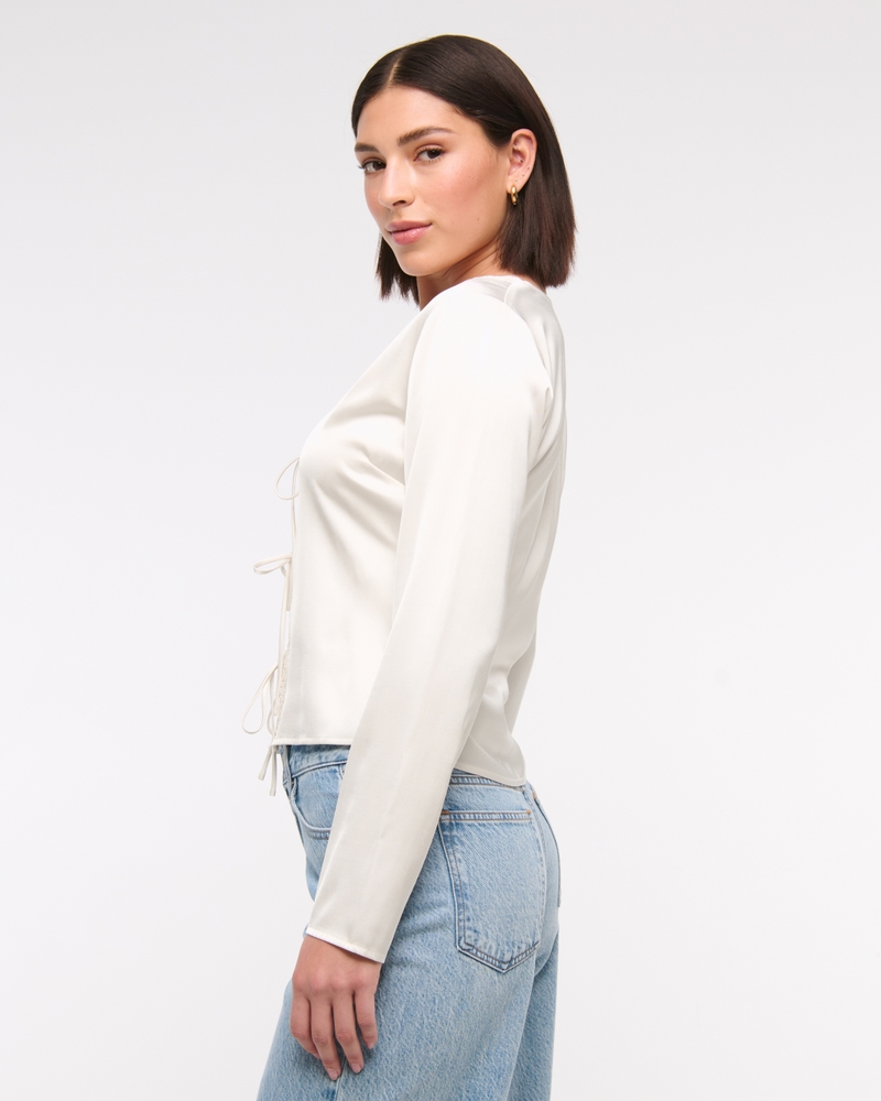 Long-Sleeve Lace-Trim Tie-Front Top