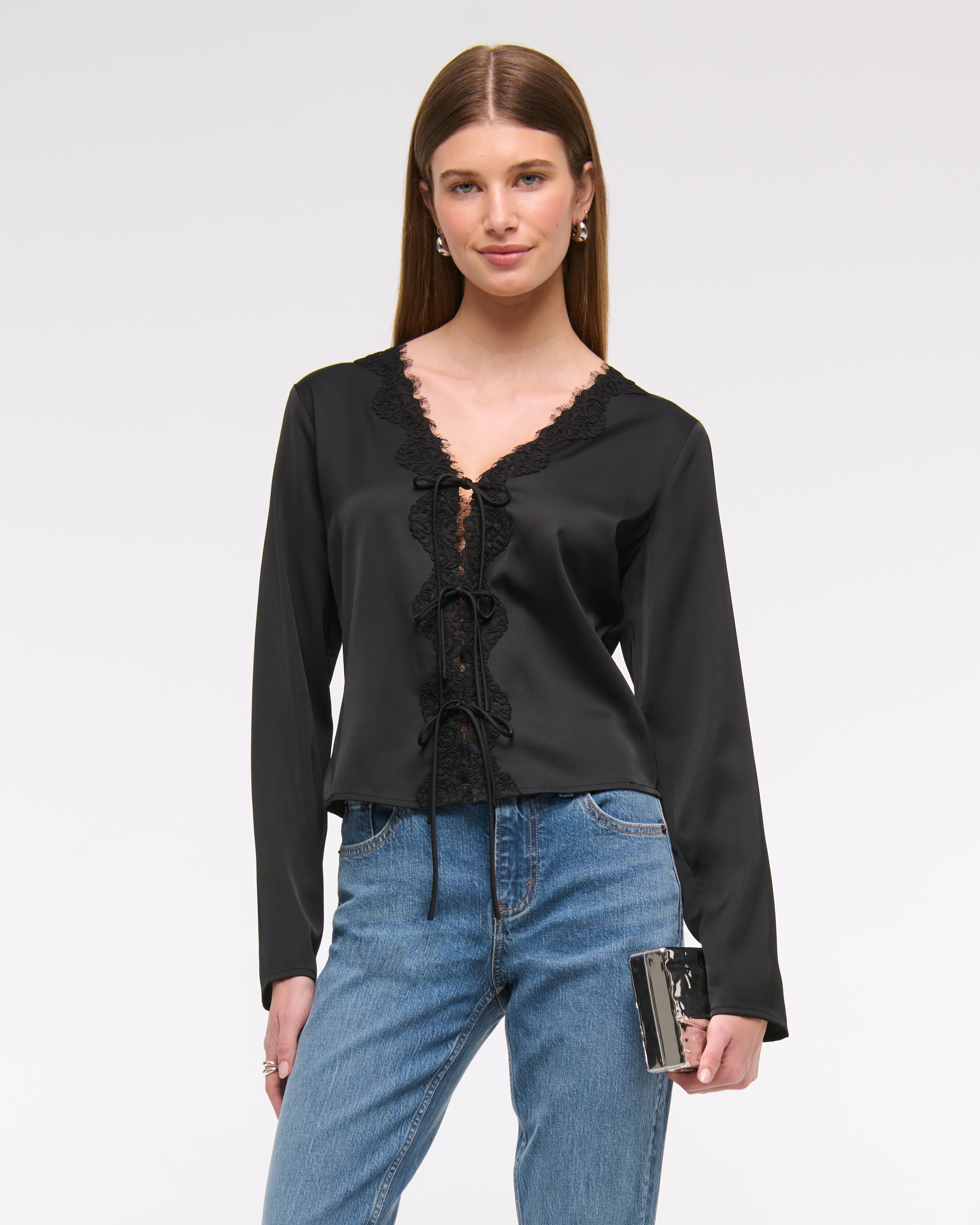 Abercrombie & Fitch Long-sleeve Lace-trim Tie-front Top In Black