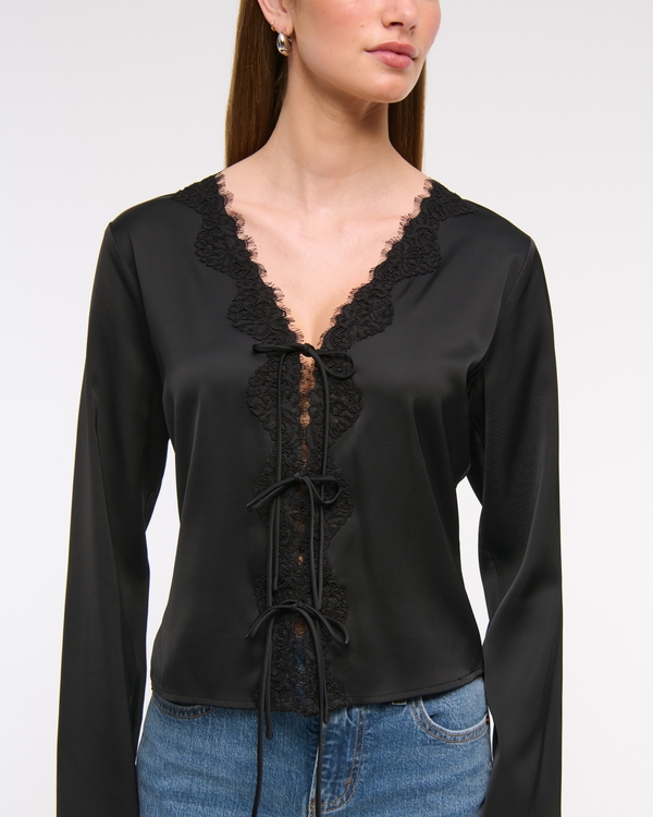 Women's Long-Sleeve Lace-Trim Tie-Front Top | Women's Clearance