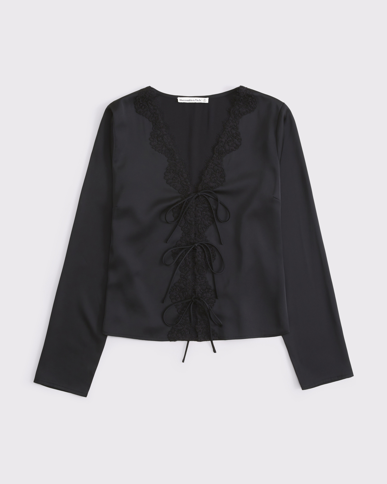 Long-Sleeve Lace-Trim Tie-Front Top