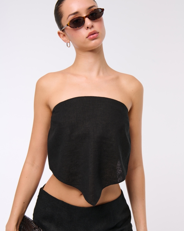 Vinglam Women's 100% Linen Tube Top - Strapless Bandeau, Slit Hem, Slim Fit