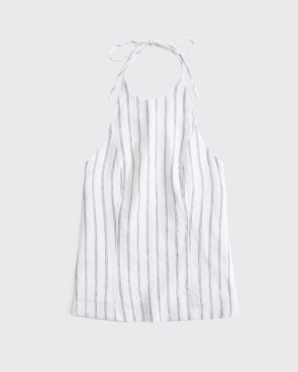 Premium Linen Halter Top, White Stripe view 1