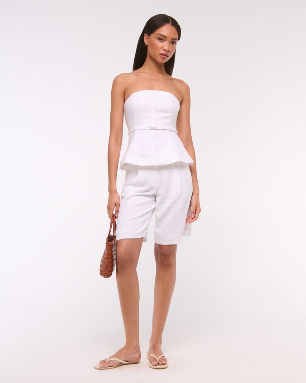 Premium Linen Strapless Tailored Top, White view 2