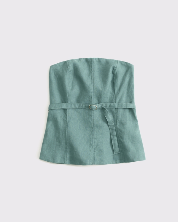 Premium Linen Strapless Tailored Top, Deep Sage view 1