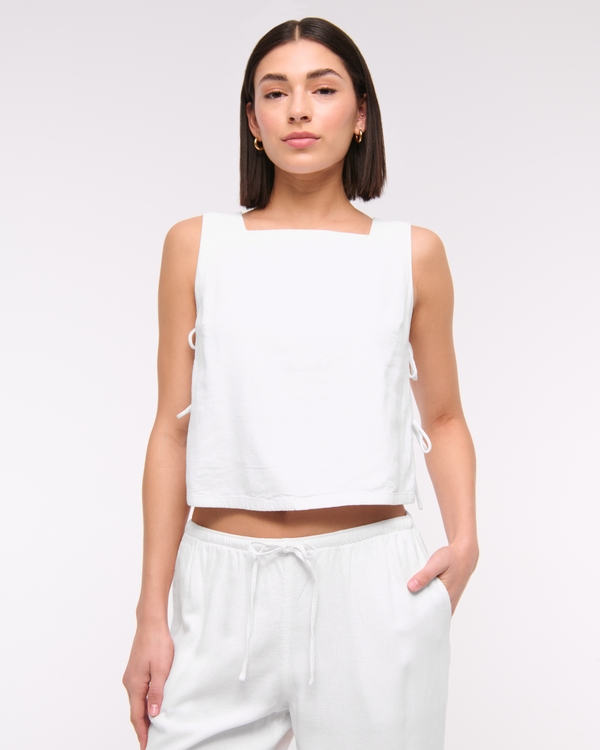 Apron Linen-Blend Set Top, White view 1