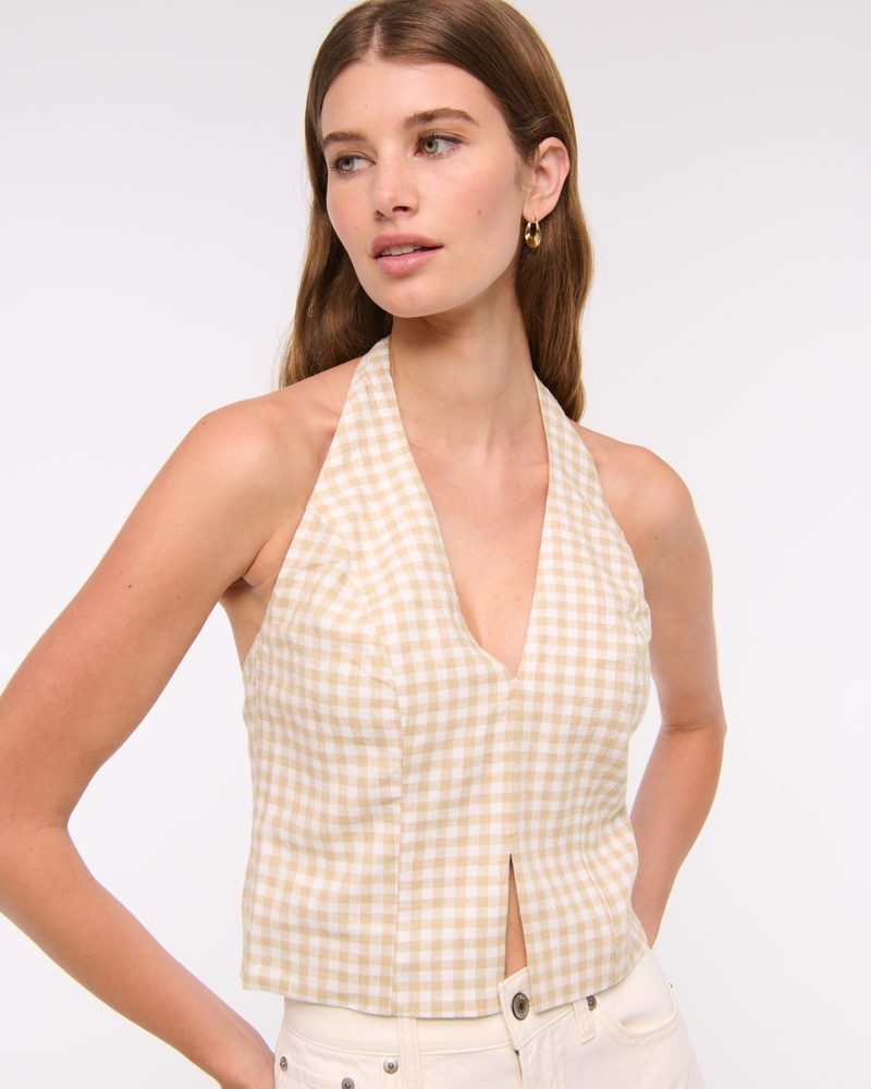 Linen-Blend Tailored Halter Vest