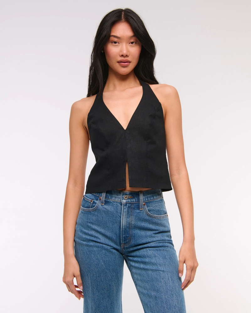Linen-Blend Tailored Halter Vest