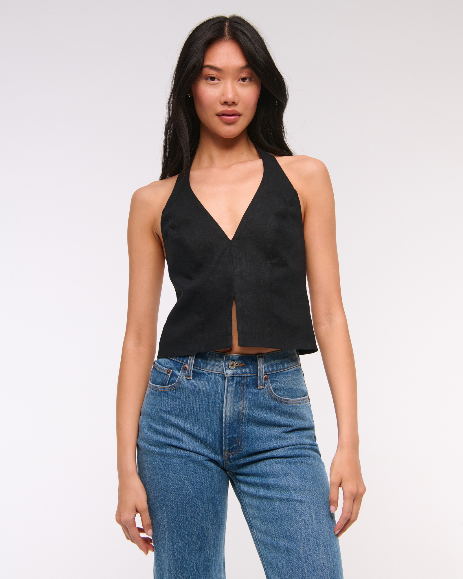 Linen-Blend Tailored Halter Vest