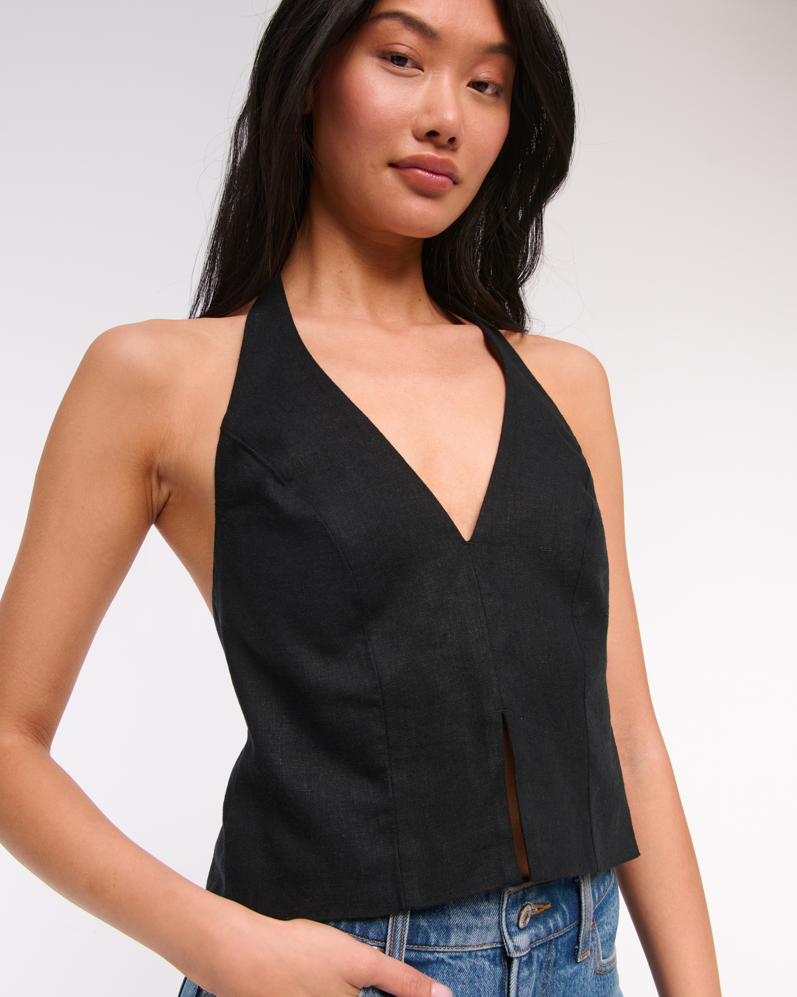 Linen-Blend Tailored Halter Vest