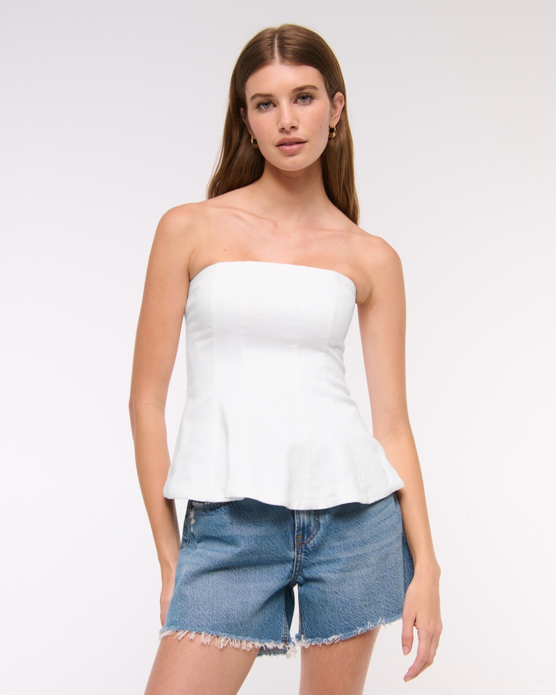 Linen-Blend Strapless Peplum Top
