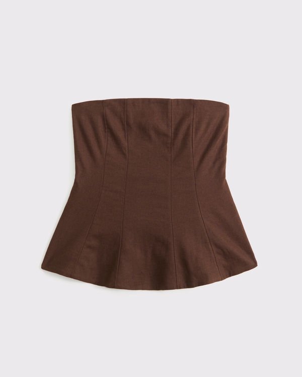 Linen-Blend Strapless Peplum Top, Brown view 1