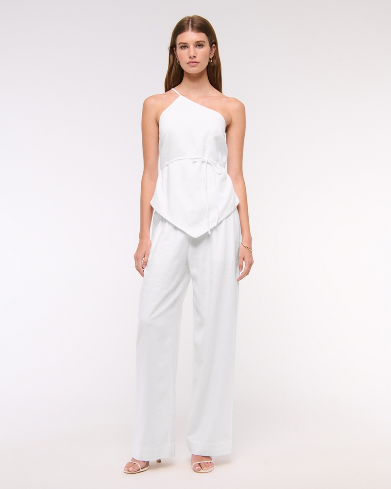 One-Shoulder Asymmetrical Linen-Blend Top