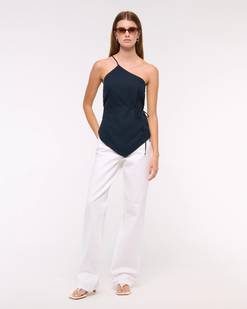 One-Shoulder Asymmetrical Linen-Blend Top