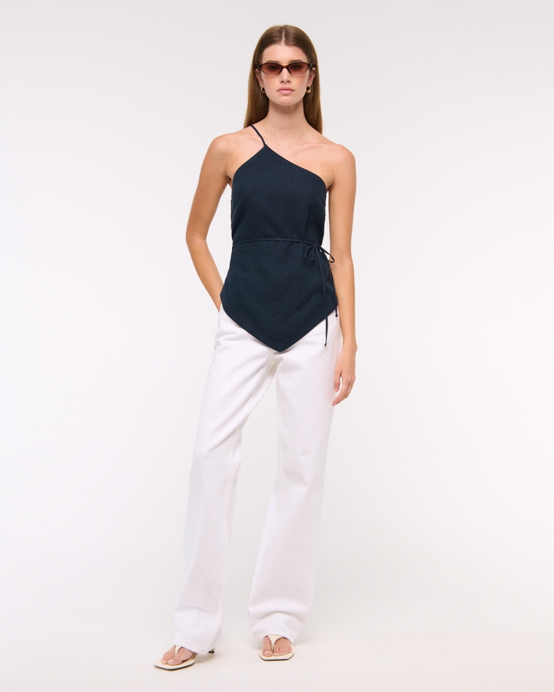 One-Shoulder Asymmetrical Linen-Blend Top