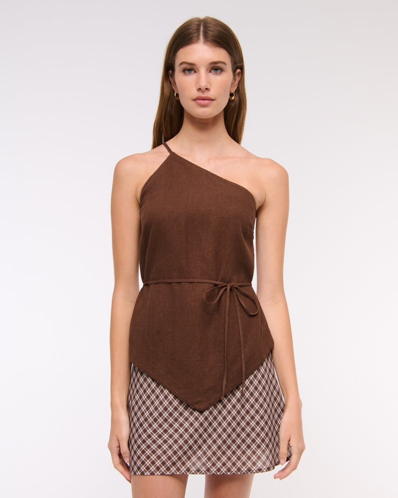 One-Shoulder Asymmetrical Linen-Blend Top