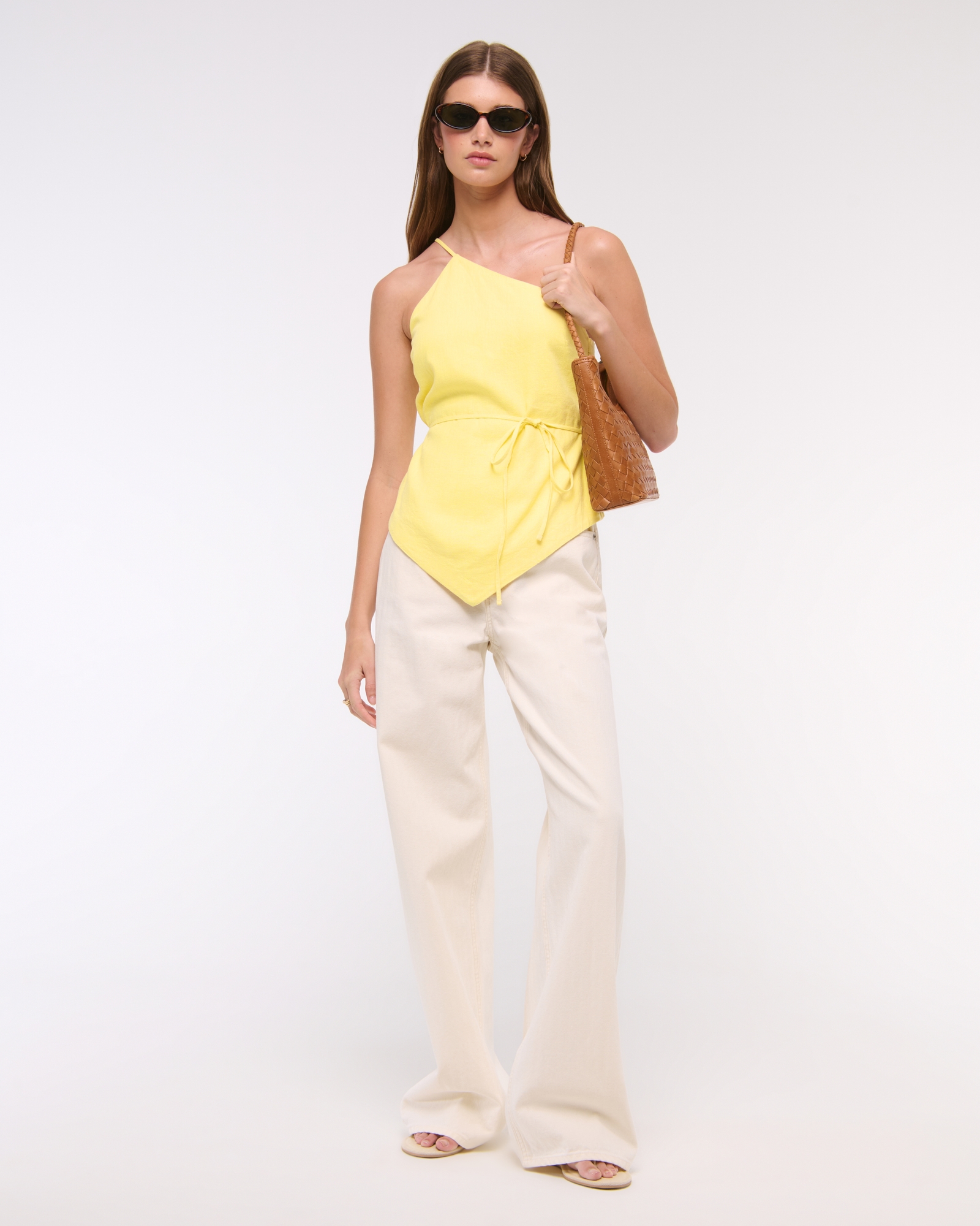 One-Shoulder Asymmetrical Linen-Blend Top