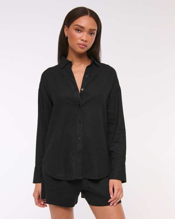 Oversized Linen-Blend Shirt, Black view 1