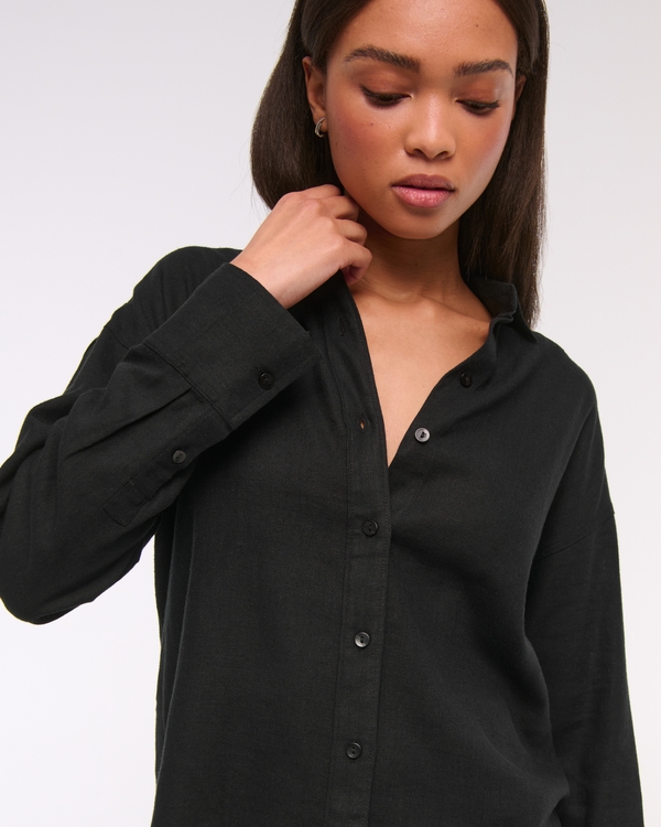 Oversized Linen-Blend Shirt, Black view 2