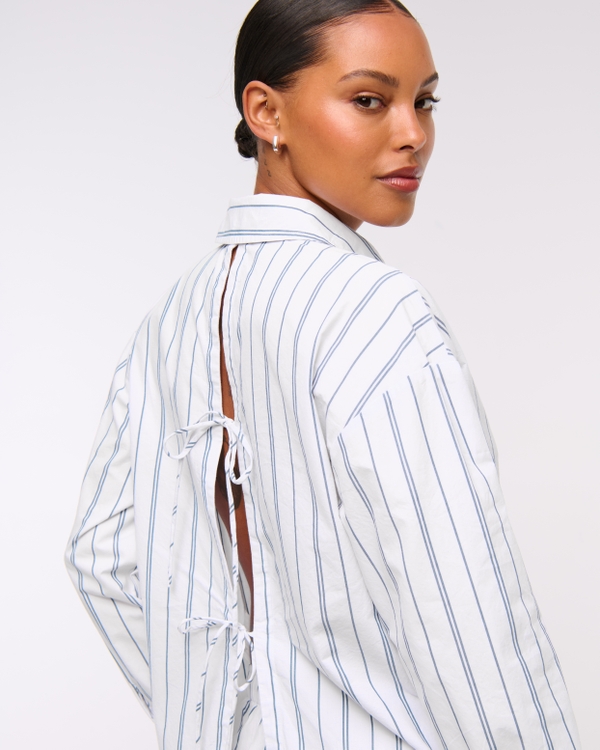 Oversized Tie-Back Poplin Shirt, White Stripe view 1