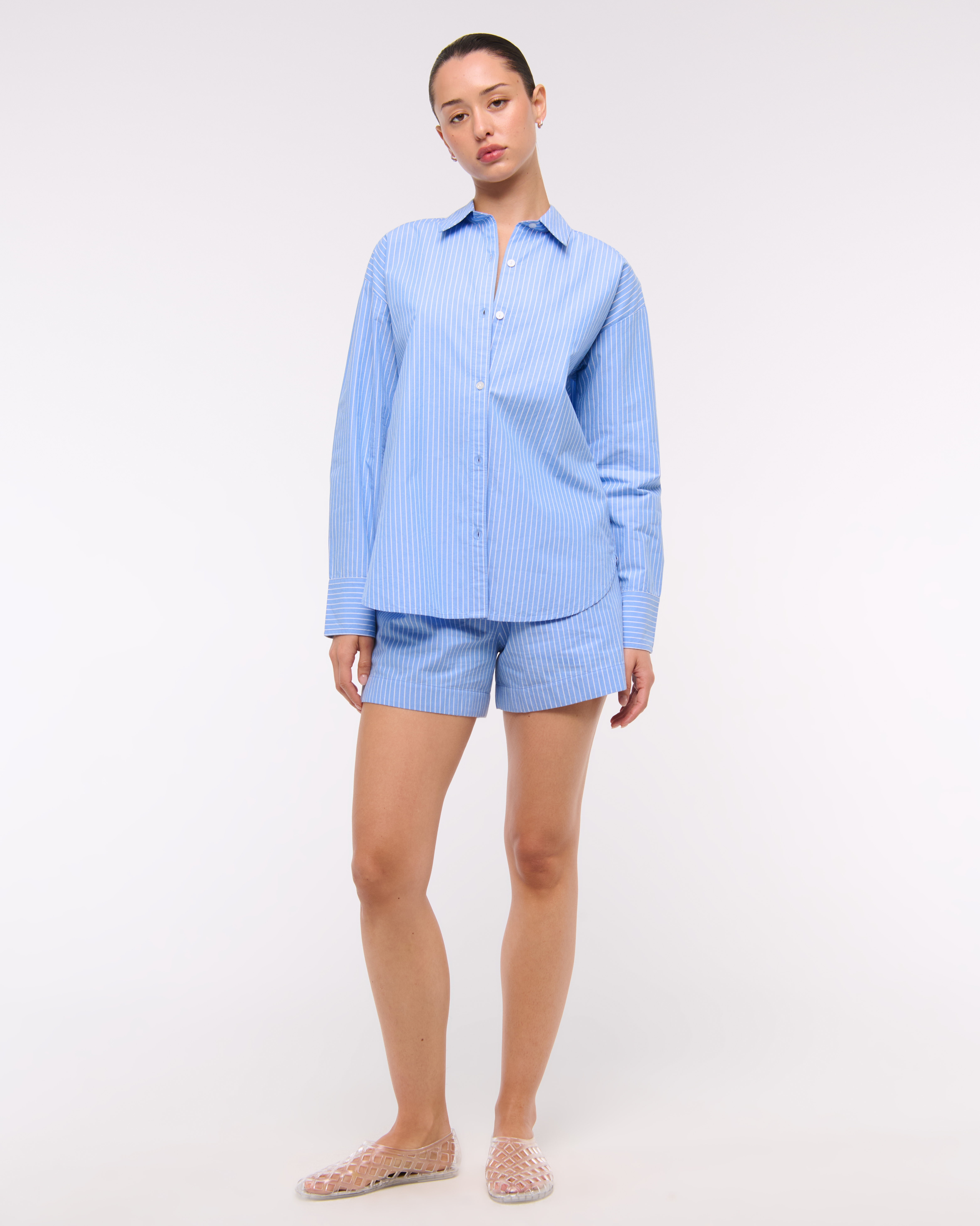 Женская рубашка Abercrombie & Fitch Oversized Tie-Back Poplin, цвет: Синий полосатый — фото 3
