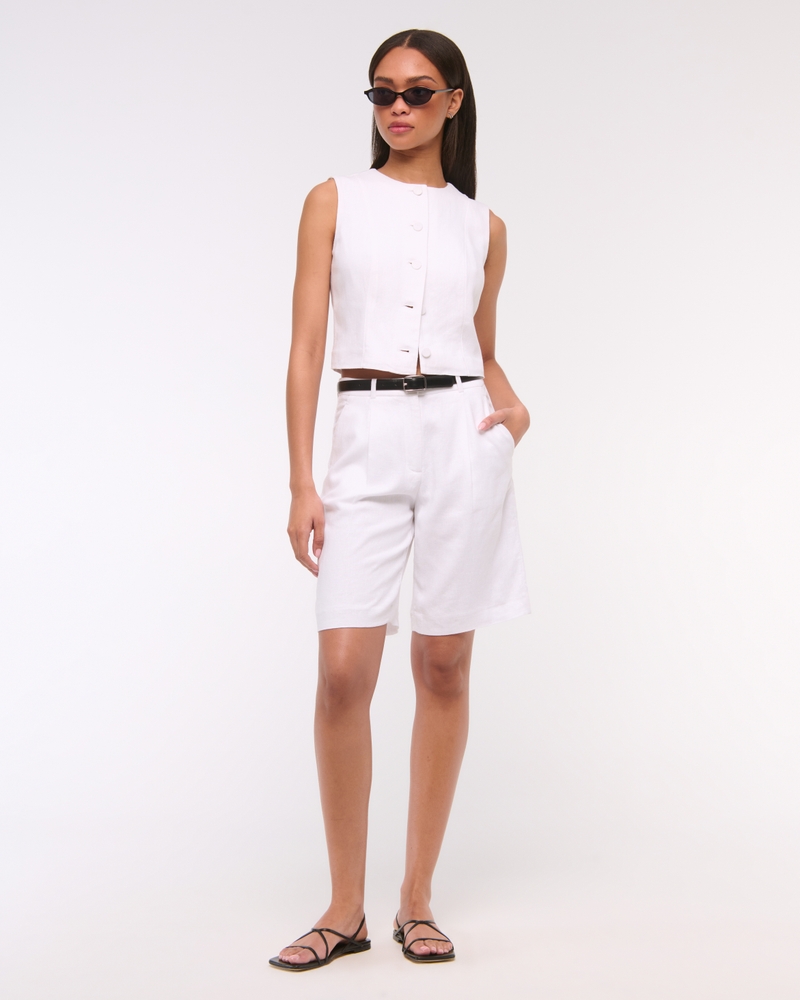 Cropped Linen-Blend Button-Through Vest