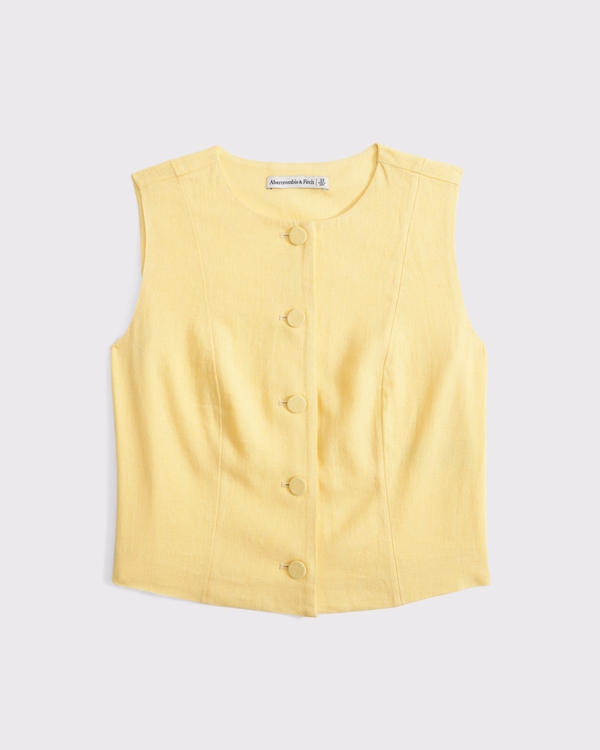 Cropped Linen-Blend Button-Through Vest, Yellow view 1