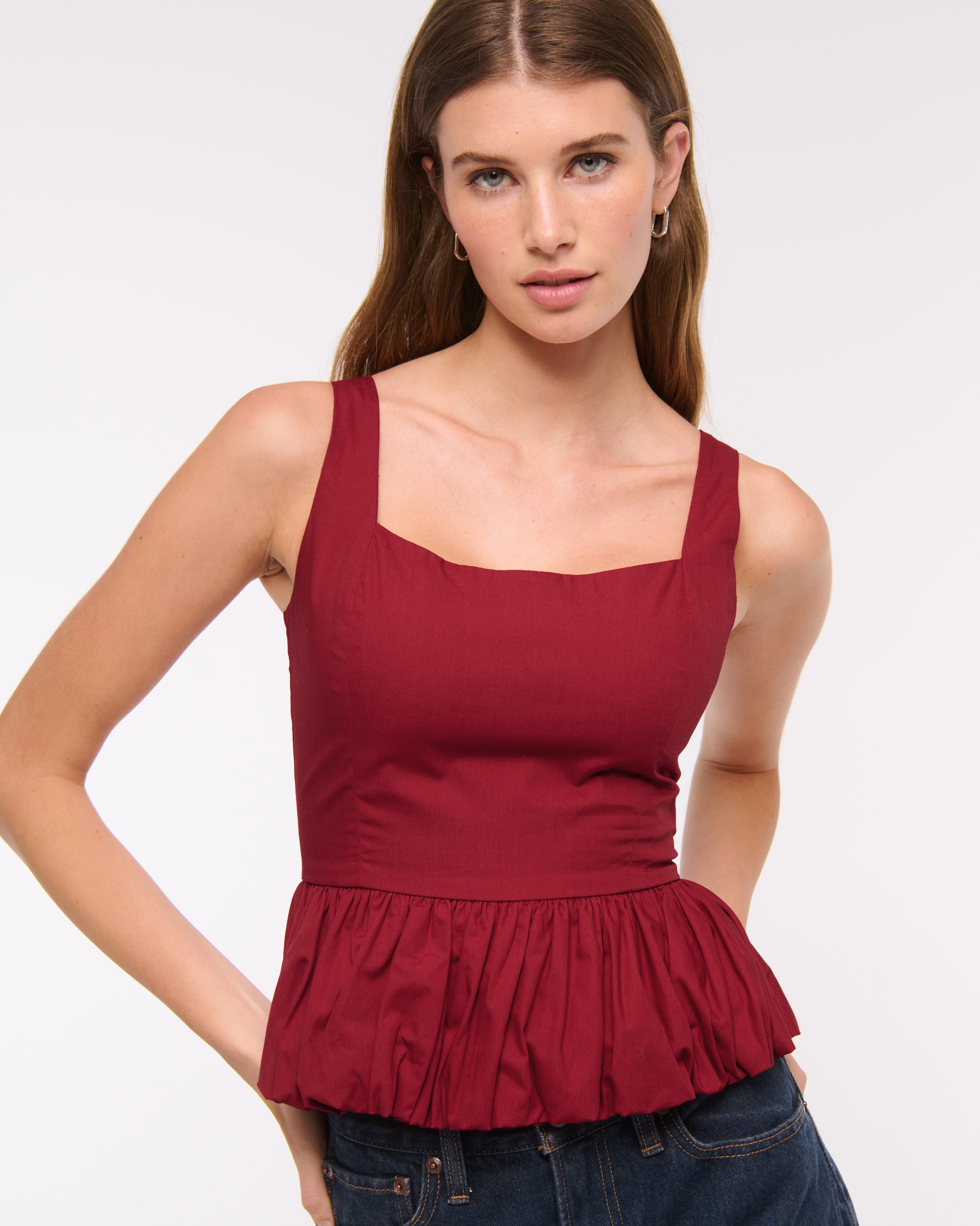 Abercrombie & Fitch Poplin Bubble Hem Tank In Red